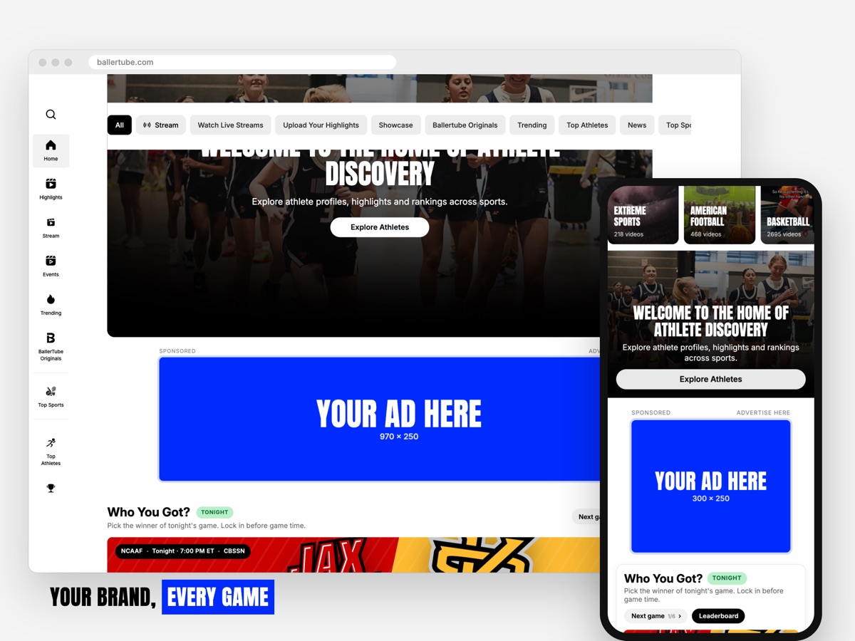 A BallerTube page on a laptop and a phone, with a sponsor billboard placed under the homepage banner