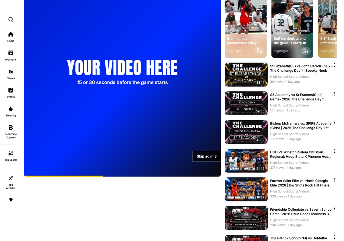 Pre-roll video playing in the BallerTube player before game film