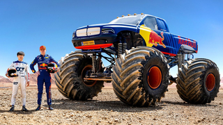 F1 Drivers Race HUGE Mega Trucks!