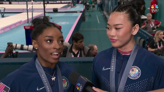 Simone Biles, Suni Lee, Rebeca Andrade CELEBRATE all-around gymnastics medals | Paris Olympics