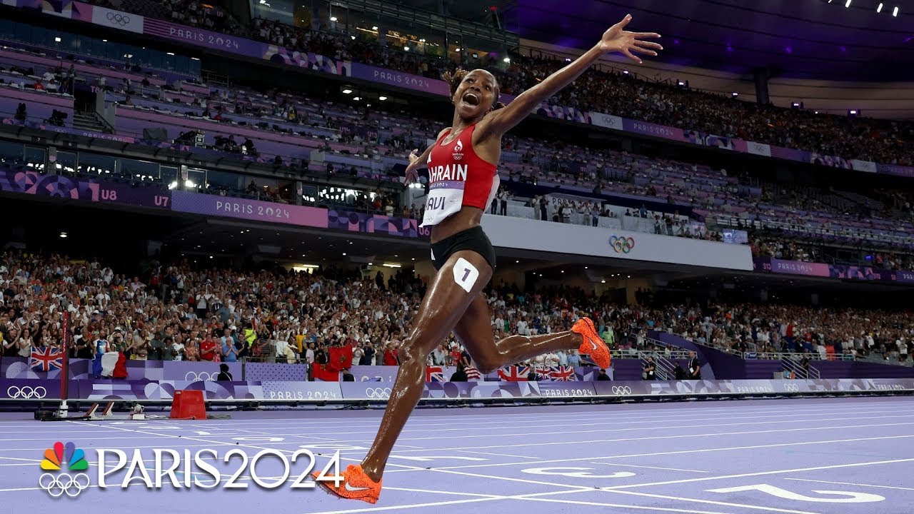 Winfred Yavi JUMPS FOR JOY after winning women's 3000m steeplechase gold | Paris Olympics
