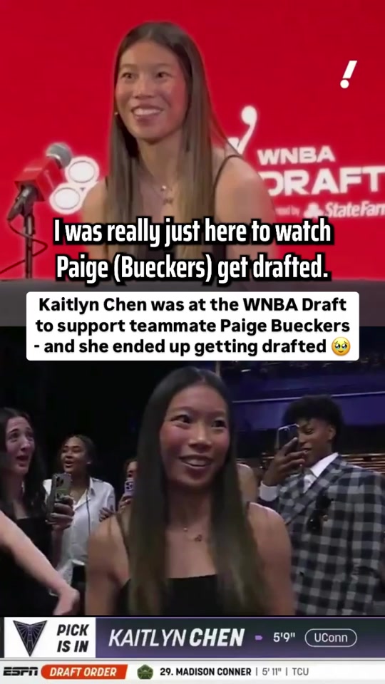 Kaitlyn Chen wasn’t invited to the WNBA Draft but showed up anyway to support UConn teammate Paige Bueckers… She would end up getting picked completely by surprise, going 30th overall to the Golden State Valkyries What a moment (: SportsCenter, YahooSport