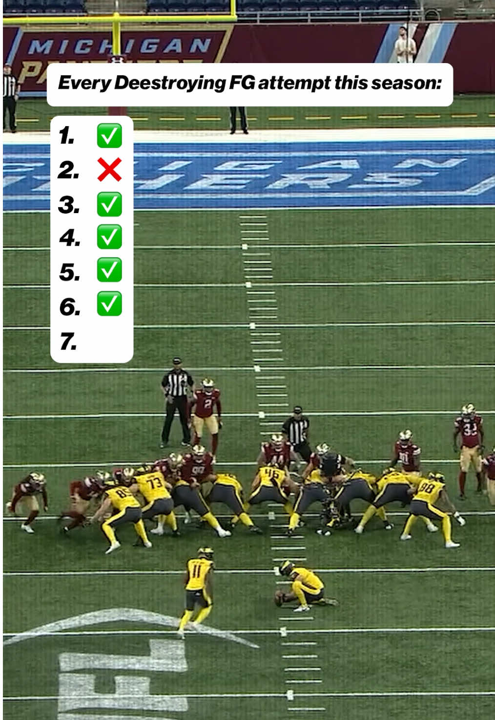 After making 3 more today, Deestroying is now 5 for 7 on the season #ufl #football #deestroying #fieldgoal