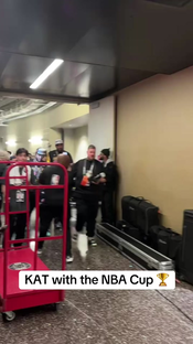 KAT Walks Off With the NBA Cup Trophy — Locker Room Celebration Begins