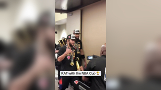 KAT Walks Off With the NBA Cup Trophy — Locker Room Celebration Begins