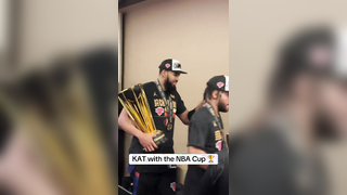 KAT Walks Off With the NBA Cup Trophy — Locker Room Celebration Begins