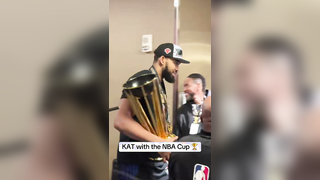 KAT Walks Off With the NBA Cup Trophy — Locker Room Celebration Begins