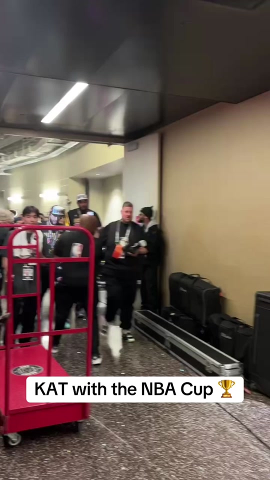 KAT Walks Off With the NBA Cup Trophy — Locker Room Celebration Begins