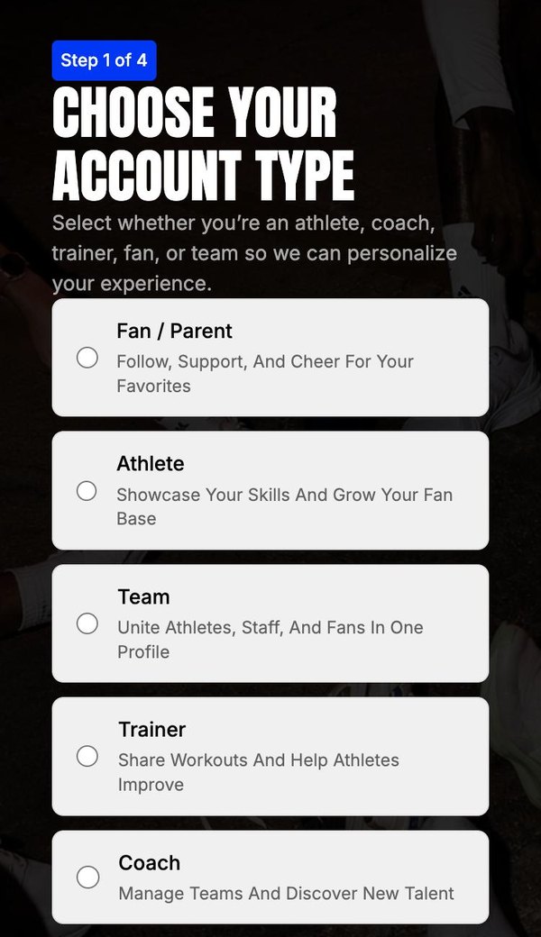 Choose your account type: fan or parent, athlete, team, trainer, coach, media, organization