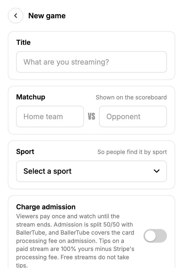 Go live form with the Charge admission switch and Payouts enabled confirmation