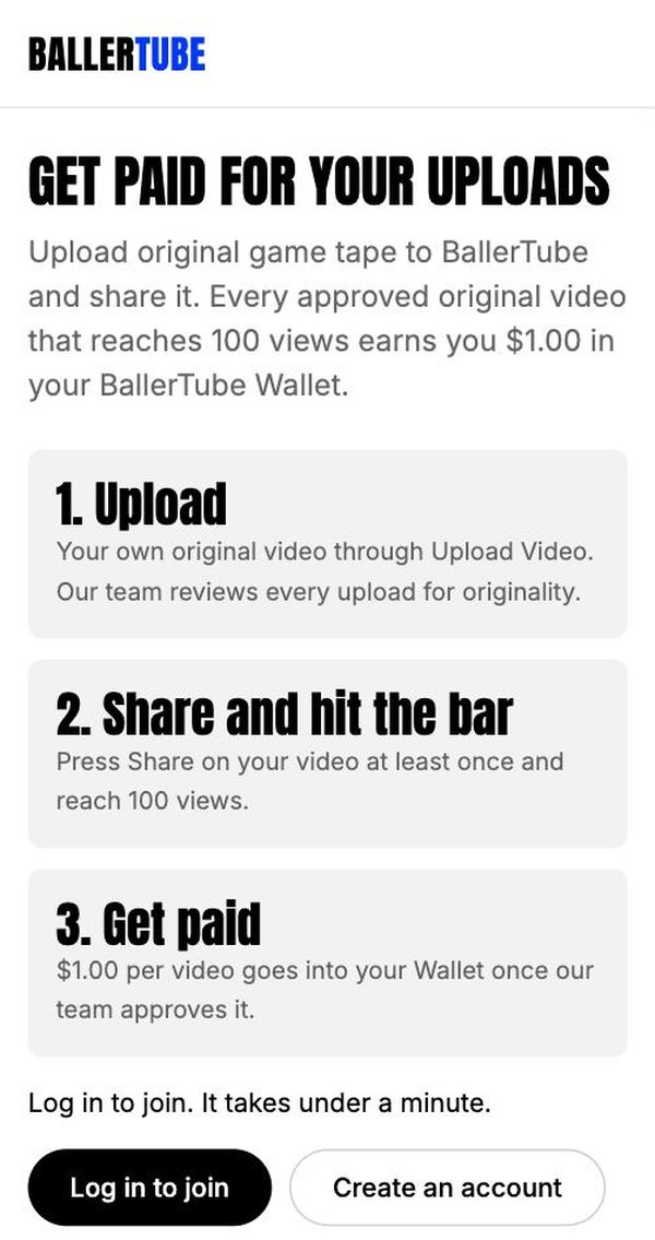 Creator Program page: upload, share and hit the bar, get paid $1 per video