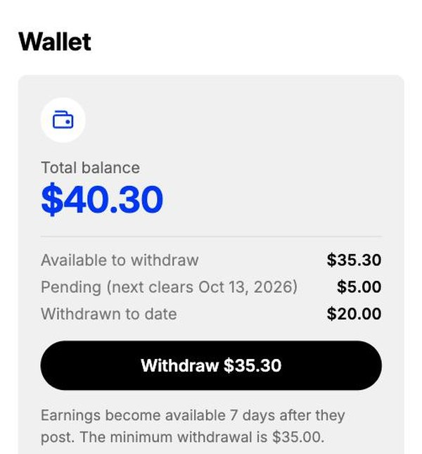 BallerTube wallet with total balance, available to withdraw, pending and a Withdraw button