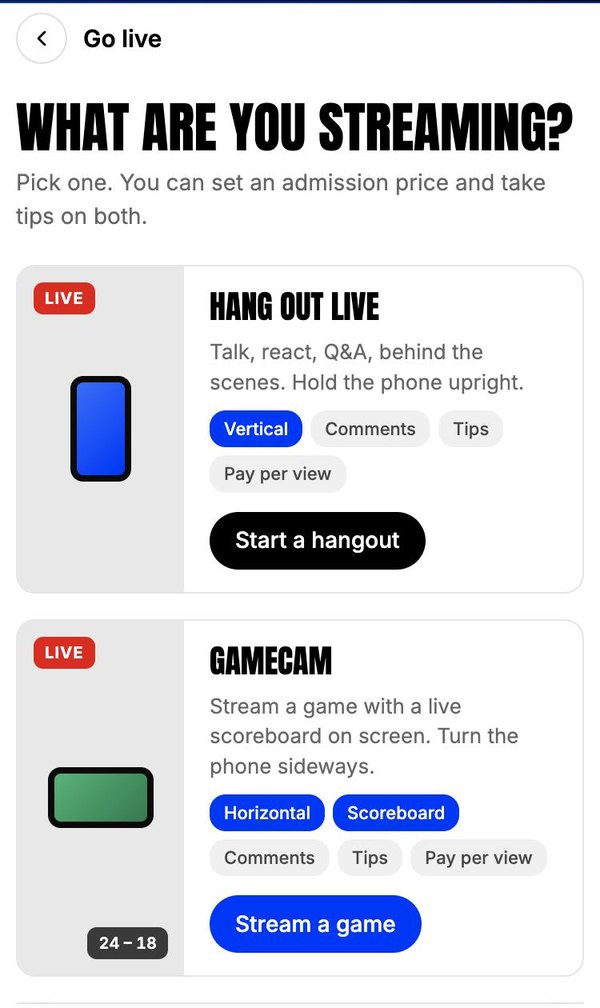 Go live screen with Hang Out Live and BallerStream options