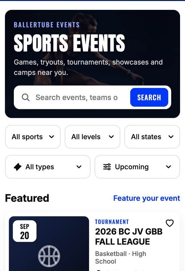 Sports events hub with tryouts, tournaments, showcases and camps