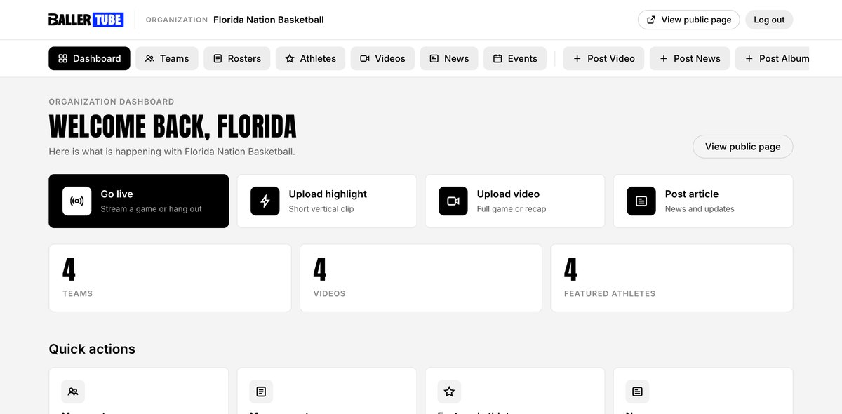 Organization dashboard: Go live, Upload highlight, Upload video and Post article quick actions, with teams, videos and featured athlete counts
