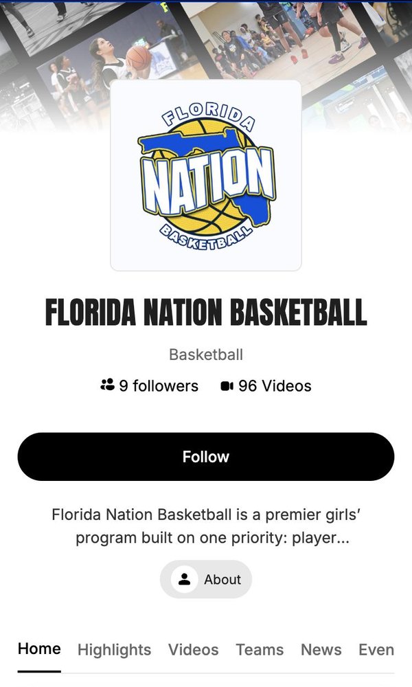Organization page with logo, follower and video counts, Follow button and Home, Highlights, Videos, Teams, News, Events tabs
