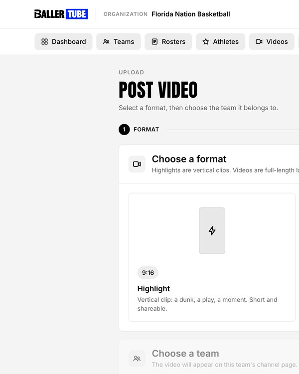 Post video screen: choose a highlight or full-length video format, then the team it belongs to