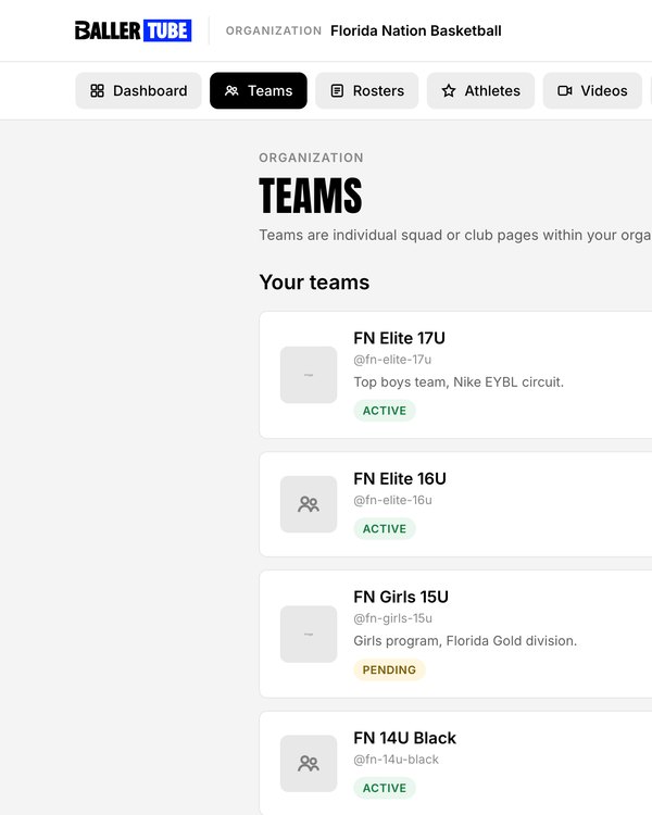 Dashboard Teams screen listing each squad with Edit, Roster and Remove actions