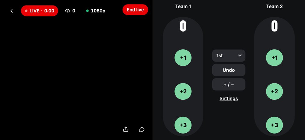 BallerStream broadcaster screen with LIVE timer, viewer count, 1080p, End live button and a scoring panel with +1, +2, +3, period and undo