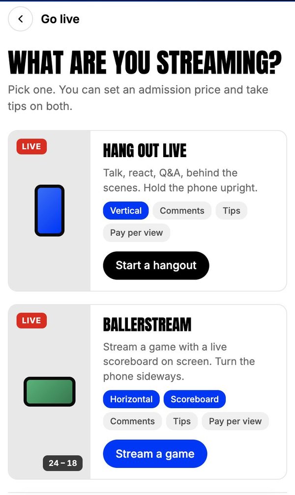 Go live screen: Hang Out Live or BallerStream