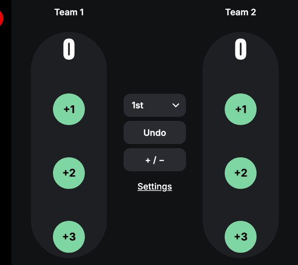 BallerStream scoring panel with +1, +2, +3 buttons, period selector and undo